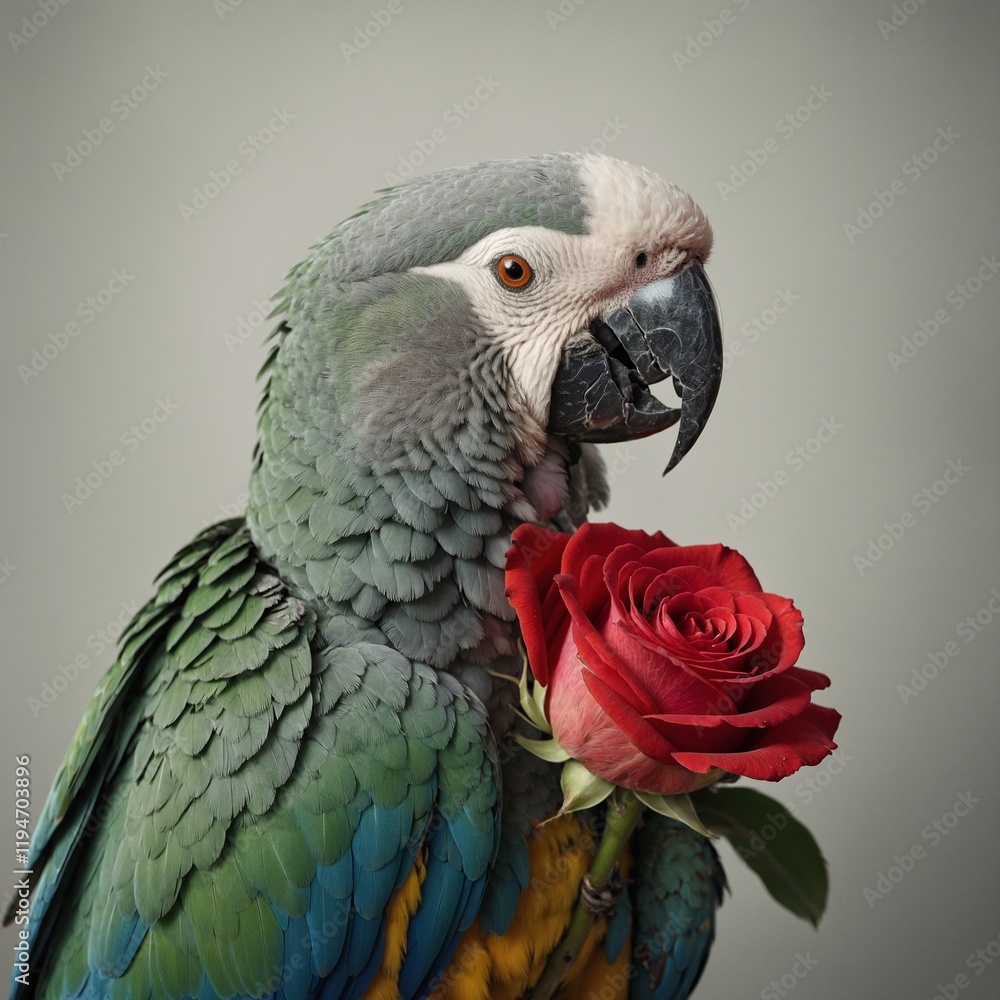 Obraz premium A parrot clutching a rosebud close to its chest, the bloom perfectly centered, with soft lighting accentuating textures on white.