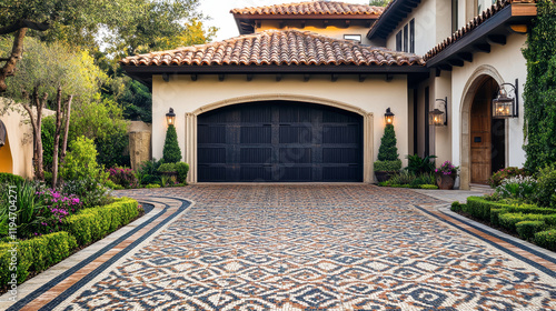 Elegant Spanish style home with intricate tile driveway highlights luxury design and natural beauty photo