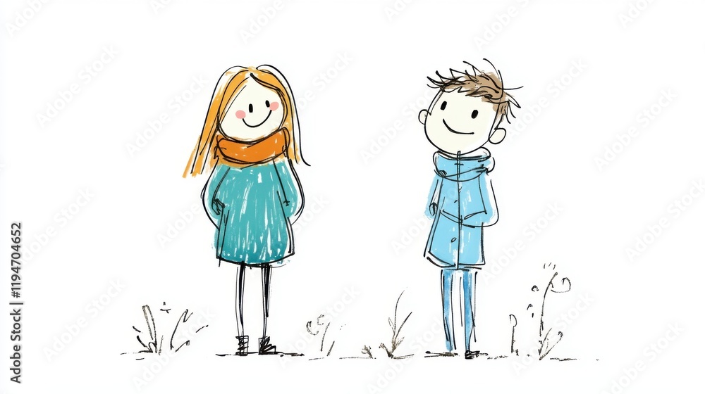 Playful Illustration of Two Cartoon Characters in Colorful Clothing Standing on a White Background