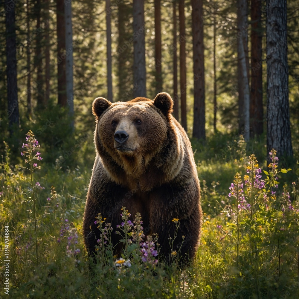 A majestic brown bear standing in a sunlit forest glade, surrounded by wildflowers and tall trees. A majestic brown bear standing in a sunlit forest glade, surrounded by wildflowers and tall trees.
