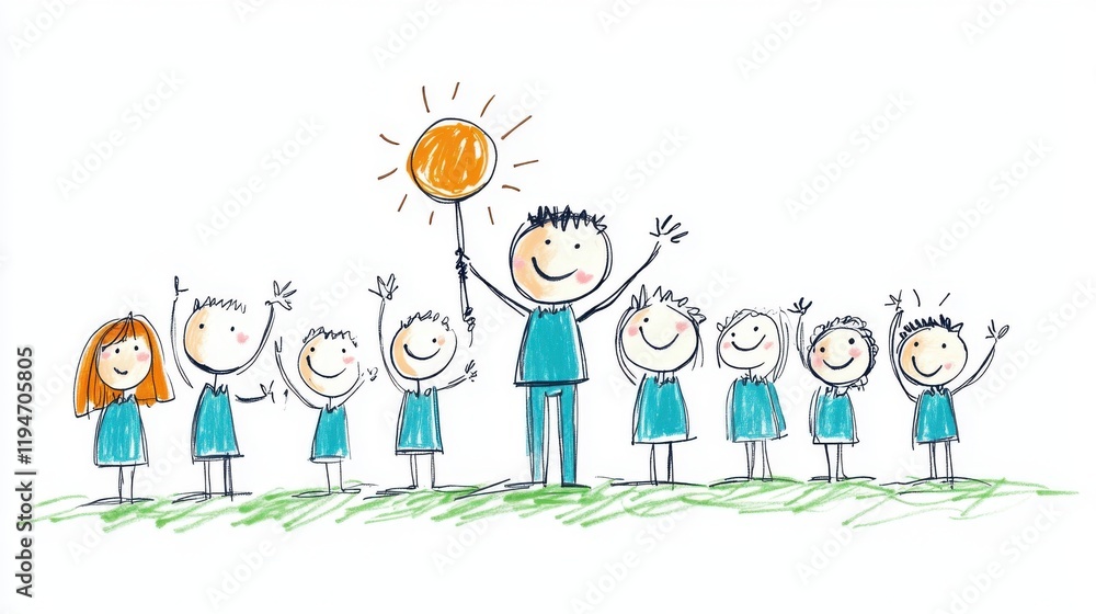 Happy Children Group Celebrating Together with Colorful Drawing Style and Bright Sun Illustration Happy Children Group Celebrating Together with Colorful Drawing Style and Bright Sun Illustration
