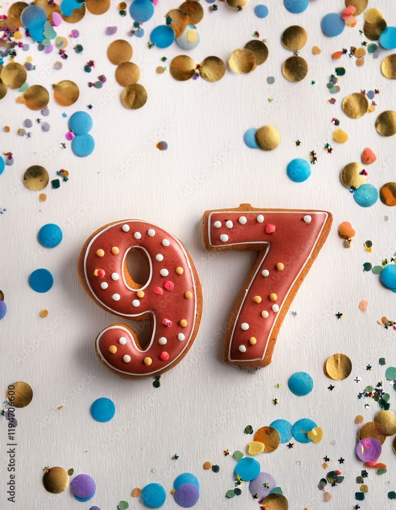 Decorated cookie for birthday or anniversary party, number 97. White background with party decoration. Decorated cookie for birthday or anniversary party, number 97. White background with party decoration.