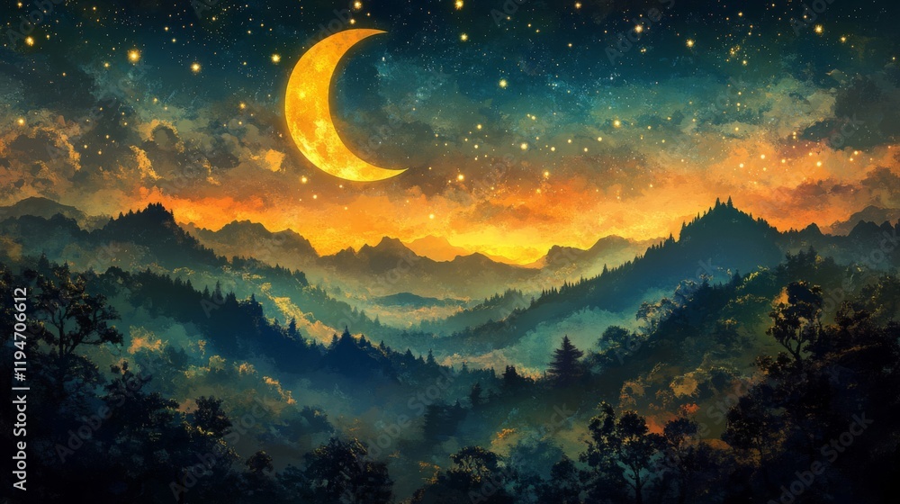 Naklejka premium Golden Crescent Moon Over Misty Mountain Forest