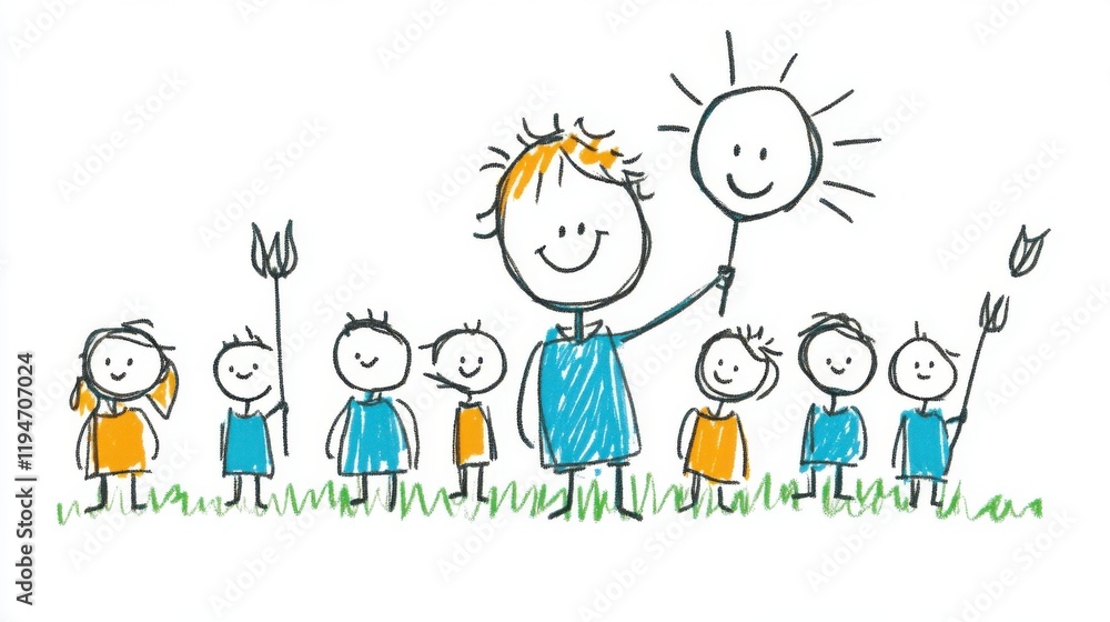 Playful group of happy children holding a balloon in a colorful sketched art style on a sunny day outdoors Playful group of happy children holding a balloon in a colorful sketched art style on a sunny day outdoors