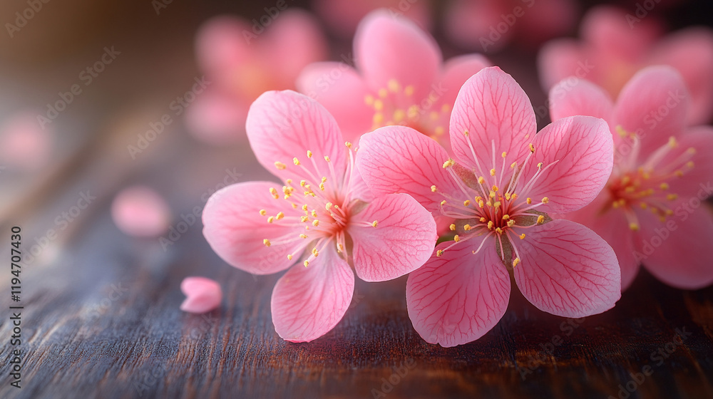 Fototapeta premium Spring beautiful blossom branch with delicate flowers placed on wooden background