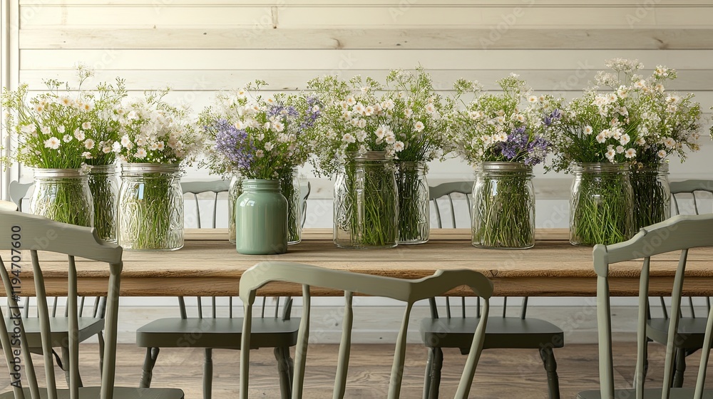Fototapeta premium A countryside dining room featuring a long barnwood table
