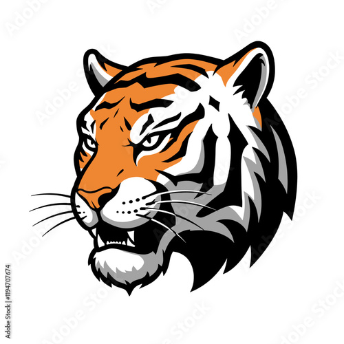 Tiger Head Portrait: A bold and powerful vector illustration of a tiger's head, showcasing its striking orange and black stripes, sharp teeth, and piercing gaze. photo