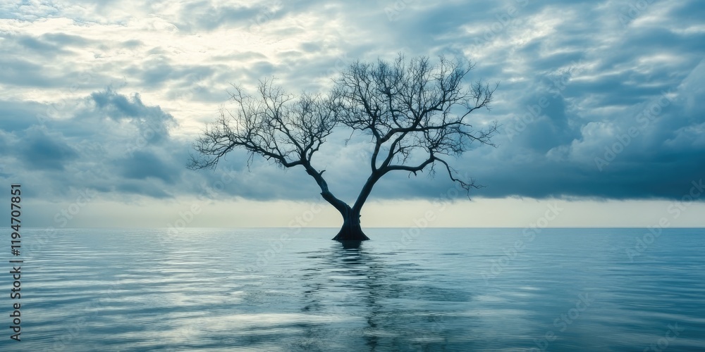 Lonely leafless tree standing majestically in the calm ocean surrounded by dark gray clouds reflecting soft blue tones in serene water surface Lonely leafless tree standing majestically in the calm ocean surrounded by dark gray clouds reflecting soft blue tones in serene water surface