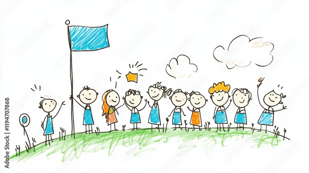 Fototapeta premium Cheerful Group of Children Celebrating Under a Blue Flag with Fun Drawings and Colorful Illustrations