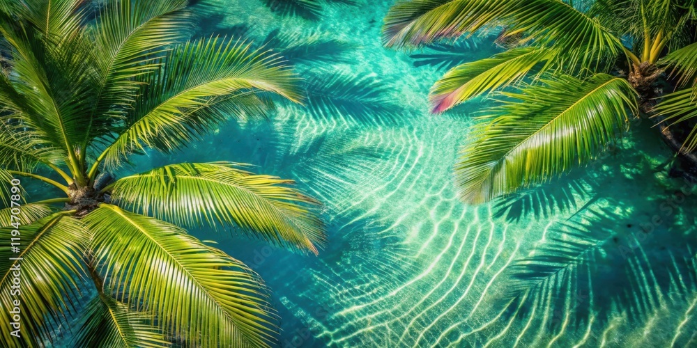 Fototapeta premium Tropical Paradise Overhead View of Lush Palm Fronds Over Clear Aqua Water
