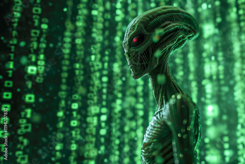 An alien amidst a cascade of green binary code resembling a matr photo