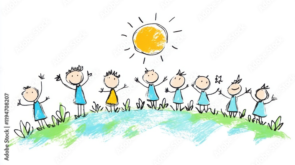 Happy Children Playing Together in a Bright Sunny Day with Simple Drawings and Colorful Background Happy Children Playing Together in a Bright Sunny Day with Simple Drawings and Colorful Background