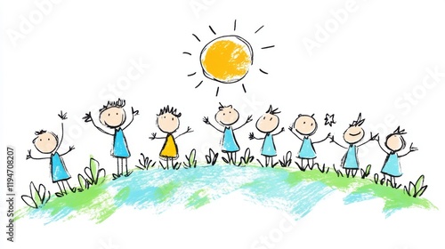 Happy Children Playing Together in a Bright Sunny Day with Simple Drawings and Colorful Background