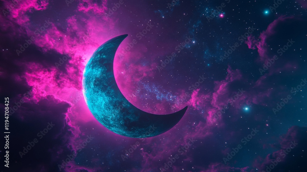 Fototapeta premium Crescent Moon in a Vibrant Purple Nebula Space