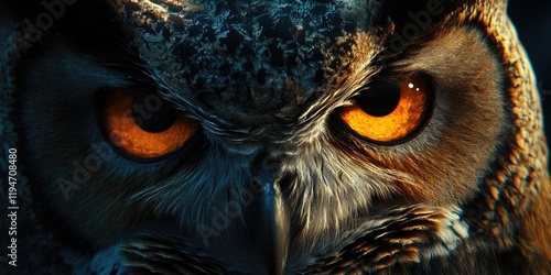 Close-up of a horned owl with striking orange eyes set against a black background, featuring intricate feather details and selective focus. photo