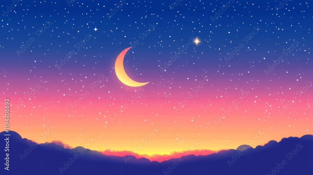 Serene Sunset Sky With Crescent Moon And Stars Serene Sunset Sky With Crescent Moon And Stars