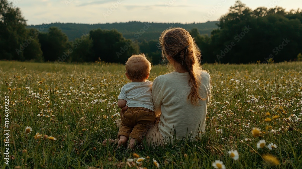 Fototapeta premium Child and Parent in Serene Meadow Landscape