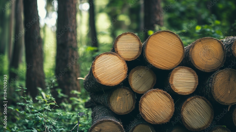 Stacked logs in a forest symbolize sustainable logging practices. Stacked logs in a forest symbolize sustainable logging practices.