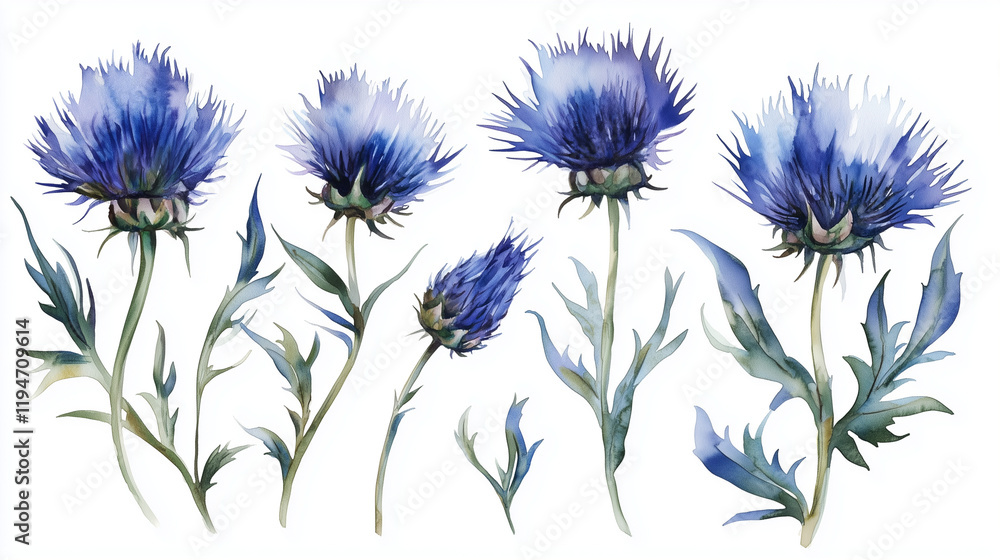 Watercolor set of navy thistle flowers isolated on white background Watercolor set of navy thistle flowers isolated on white background