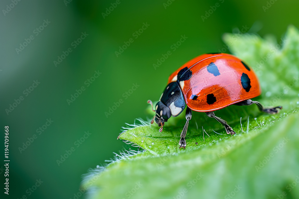 Ladybug, red with black dots green plant leaf. A beautiful brigh Ladybug, red with black dots green plant leaf. A beautiful brigh