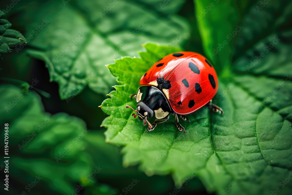 Fototapeta premium Ladybug, red with black dots green plant leaf. A beautiful brigh