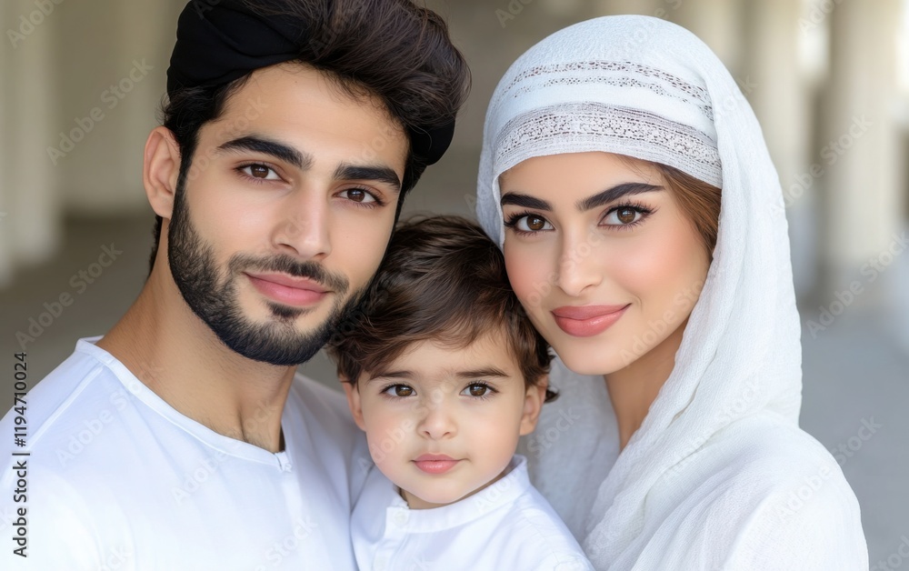 Fototapeta premium A young, modern Emirati couple with their child, looking at the camera and posing for a family photo