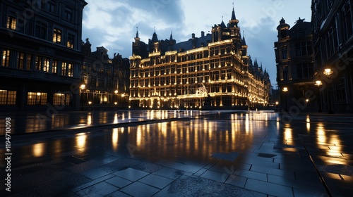 A beautifully lit historic building at dusk, reflecting on wet pavement.