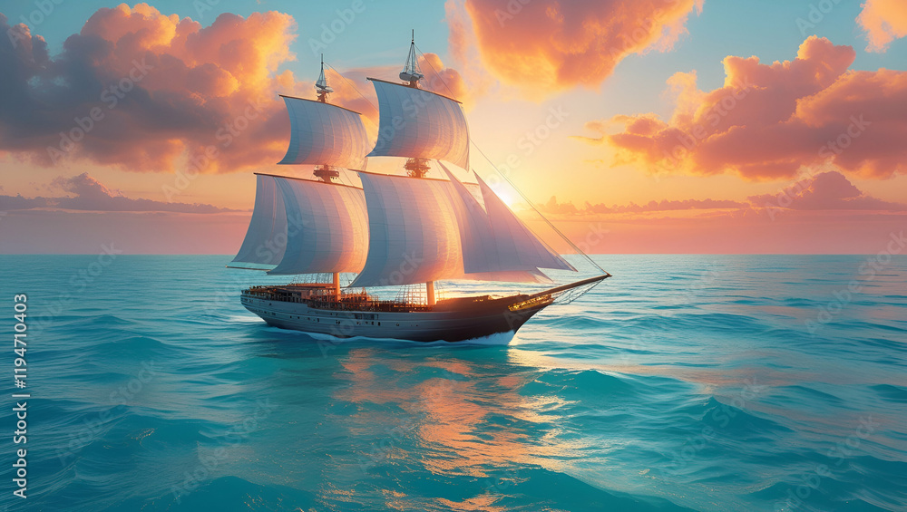Fototapeta premium majestic sailing ship navigating the ocean under a breathtaking sunset showcasing vibrant colors and dramatic clouds all around ai genrative