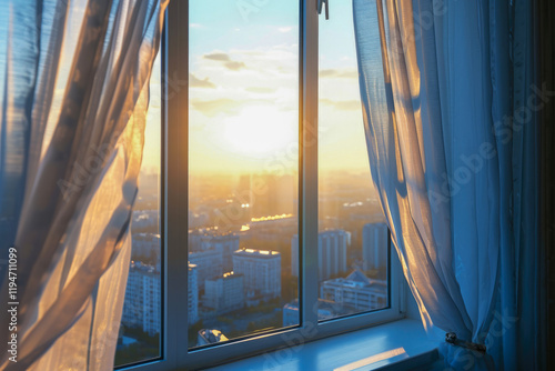 Beautiful view from the window of the city through white translu photo