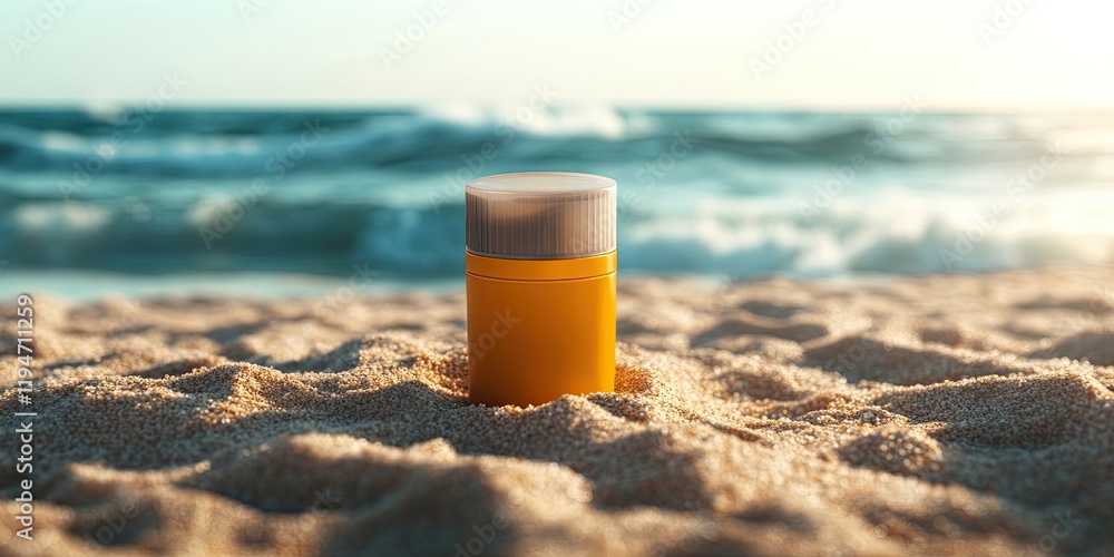 Sunscreen lotion container in vibrant yellow on sandy beach with gentle waves in soft sunlight, emphasizing sun protection and skin care wellness. Sunscreen lotion container in vibrant yellow on sandy beach with gentle waves in soft sunlight, emphasizing sun protection and skin care wellness.