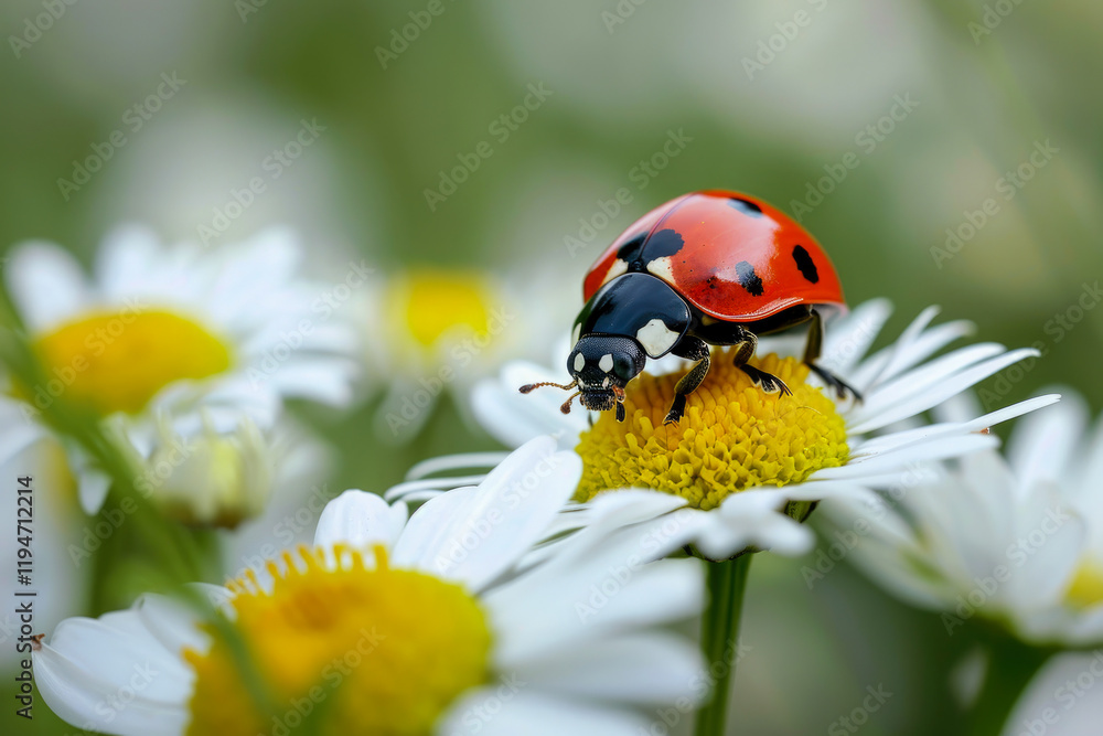 Ladybug, red with black dots sits on a daisy. A beautiful bright Ladybug, red with black dots sits on a daisy. A beautiful bright