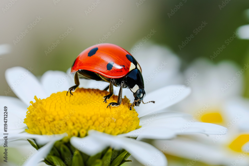 Ladybug, red with black dots sits on a daisy. A beautiful bright Ladybug, red with black dots sits on a daisy. A beautiful bright