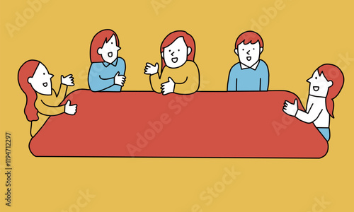 大きなテーブルを囲んで会話する女性たちのイラストレーション