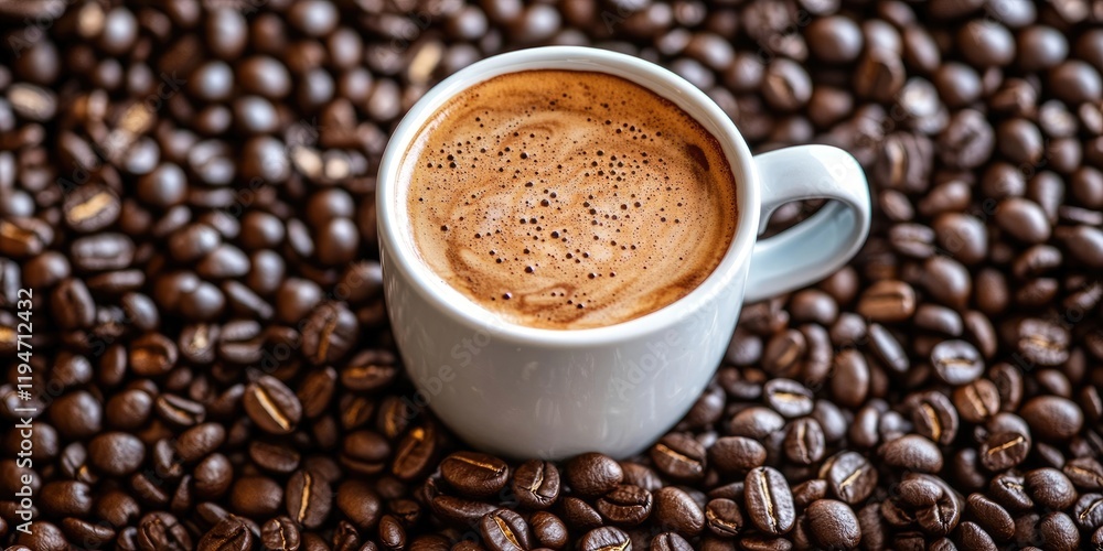 Freshly brewed coffee in a white cup atop a bed of roasted coffee beans, featuring rich brown tones and a glossy surface with intricate foam. Freshly brewed coffee in a white cup atop a bed of roasted coffee beans, featuring rich brown tones and a glossy surface with intricate foam.