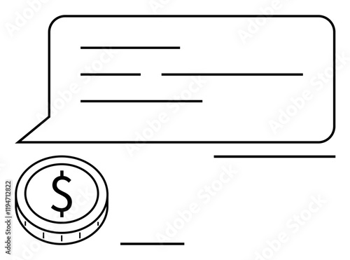 Speech bubble with horizontal lines above a coin with a dollar sign. Ideal for finance, communication, budgeting, transactions, online payments, discussions, and currency-related topics. Abstract