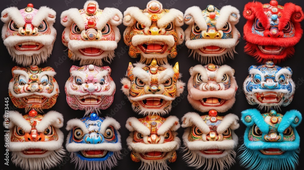 Fototapeta premium Vibrant Collection of 16 Colorful Lion Dance Masks Perfect for Festive Celebrations and Cultural Events