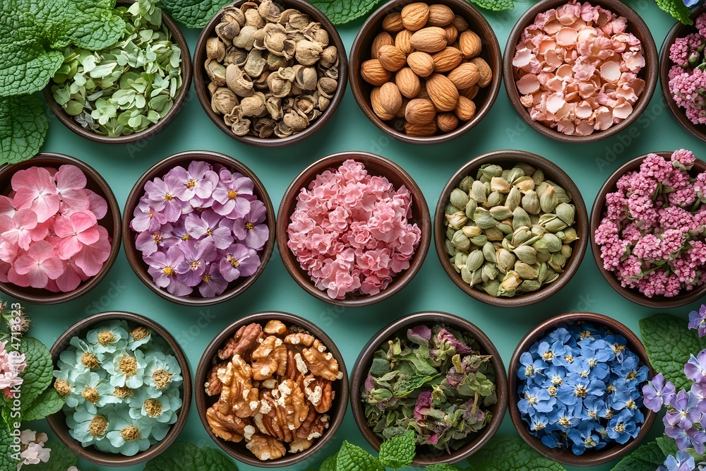 Vibrant Floral and Nut Composition for Culinary and Decorative Art Vibrant Floral and Nut Composition for Culinary and Decorative Art