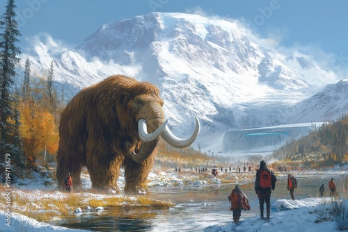 Travelers in bright outfits walk across a snowy landscape under a vast sky, as a woolly mammoth watches nearby, symbolizing exploration and grandeur of nature. photo