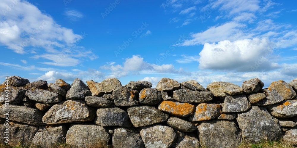 Dry stone wall with moss and lichen under bright blue sky with fluffy white clouds offering clear space for text on top third of image Dry stone wall with moss and lichen under bright blue sky with fluffy white clouds offering clear space for text on top third of image