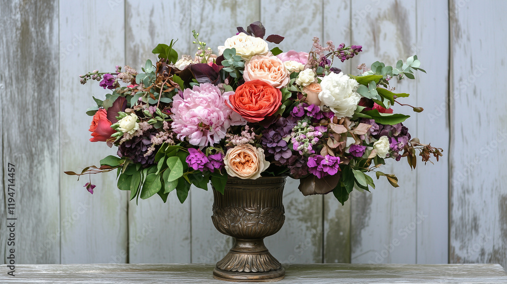 Fototapeta premium Elegant floral arrangement in vintage bronze vase against rustic wooden background