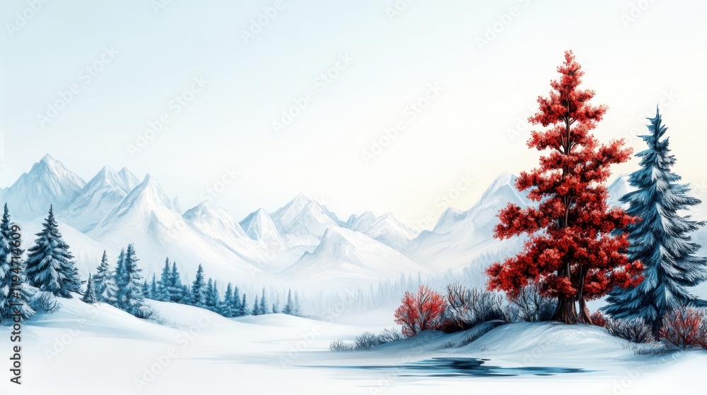 Fototapeta premium Serene Winter Landscape with Majestic Mountains and Vibrant Red Tree Against Snowy Background