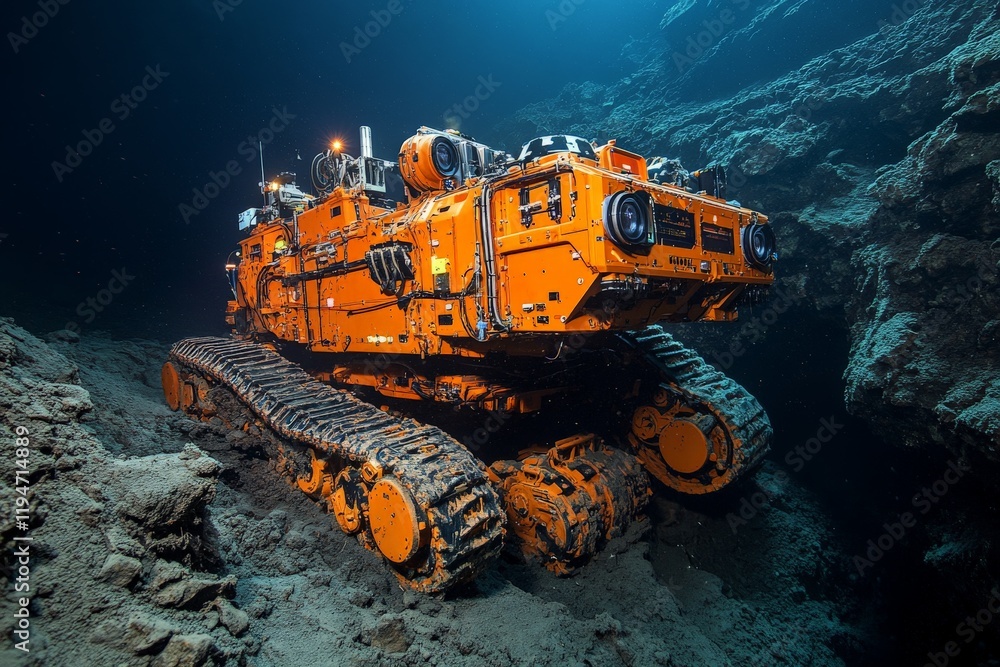 An advanced orange robot with tracks maneuvers underwater, exploring rocky ocean terrain. Designed for deep-sea exploration, it showcases engineering prowess. An advanced orange robot with tracks maneuvers underwater, exploring rocky ocean terrain. Designed for deep-sea exploration, it showcases engineering prowess.