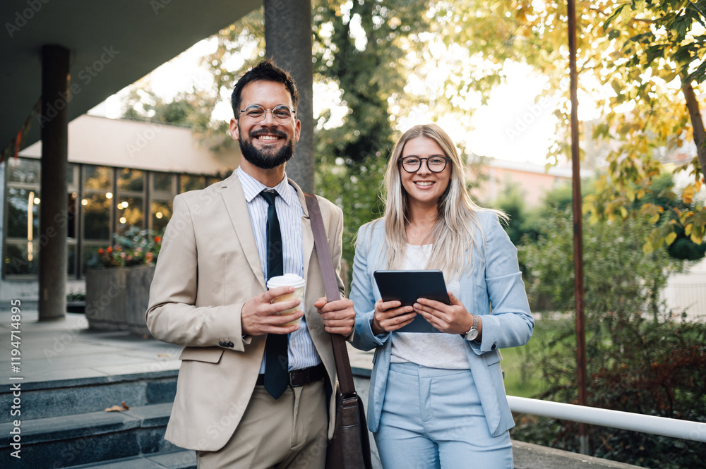 © Zamrznuti tonovi - Business people holding coffee and digital tablet having a break outside corporate building © Zamrznuti tonovi - Business people holding coffee and digital tablet having a break outside corporate building