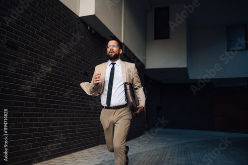Businessman running late for work in city