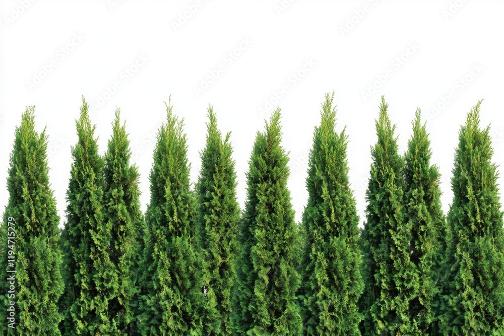 A row of green trees against a clean white background, ideal for uses such as design and decoration A row of green trees against a clean white background, ideal for uses such as design and decoration