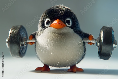 Energetic 3D Cartoon Penguin Weightlifter Holding Mini Dumbbells on White Background photo