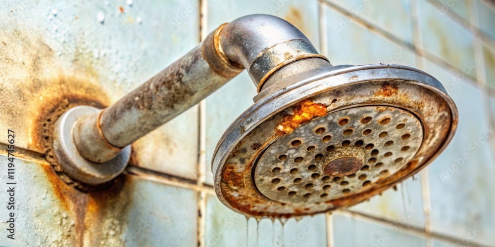 Rusty showerhead with mineral deposits and water stains on tiled wall Rusty showerhead with mineral deposits and water stains on tiled wall