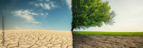 Dramatic transformation from arid drought landscape to lush green growth, showcasing climate change impacts and sustainability. High-quality detail, perfect composition, and environmental awareness. photo