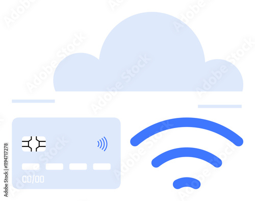 Payment card with chip and wireless symbol under a cloud, representing secure digital transactions. Ideal for fintech, banking, contactless payments, e-commerce, data sync, IoT, abstract line flat