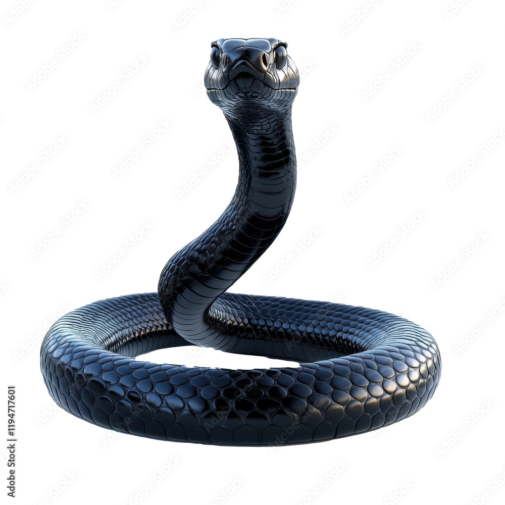 Fototapeta premium Glossy Black Snake, Isolated, Transparent Background, Copy Space.